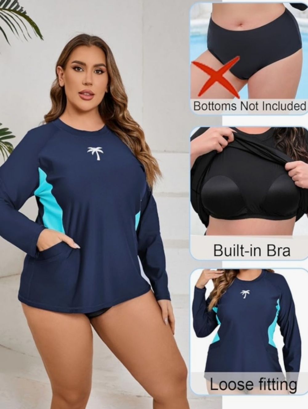 Halcurt Navy & Aqua Long Sleeve Swim Top with Palm Logo 4x - Picture 3 of 8